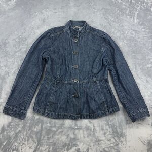 J JILL Jean Denim Jacket Womens Sz 10 Dark Wash Peplum Fit Flare Pleated Button